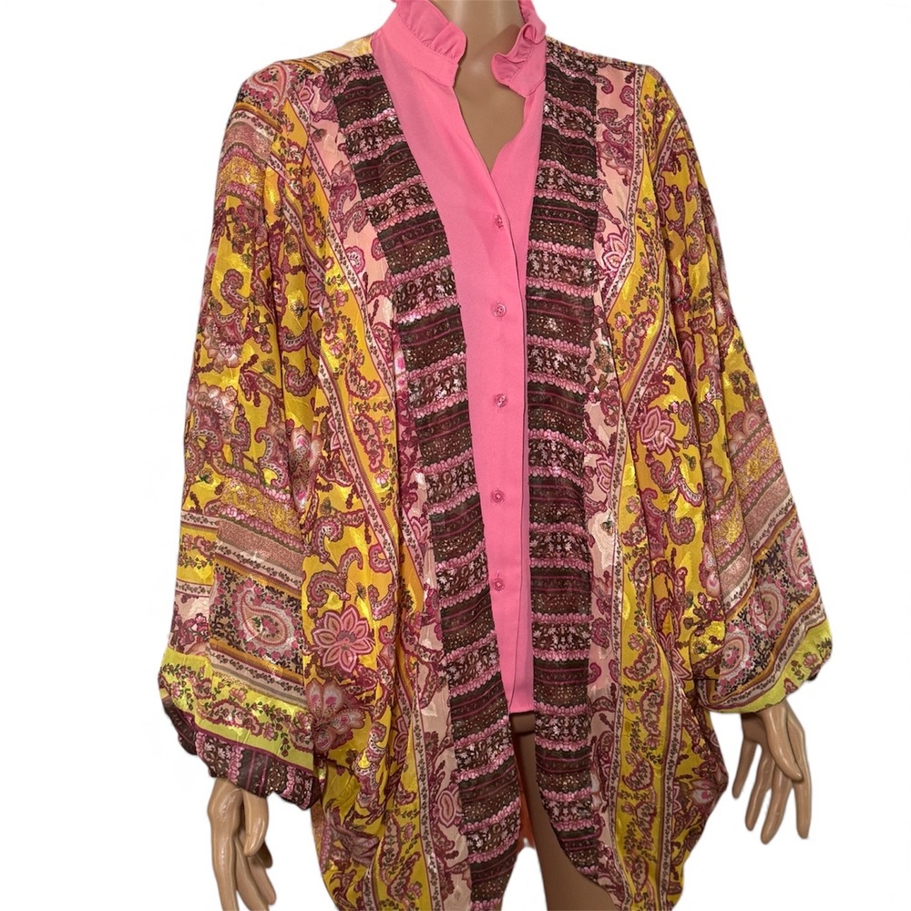 Umgee Kimono Jacket Boho Paisley Floral Print Yellow Pink Women's S M